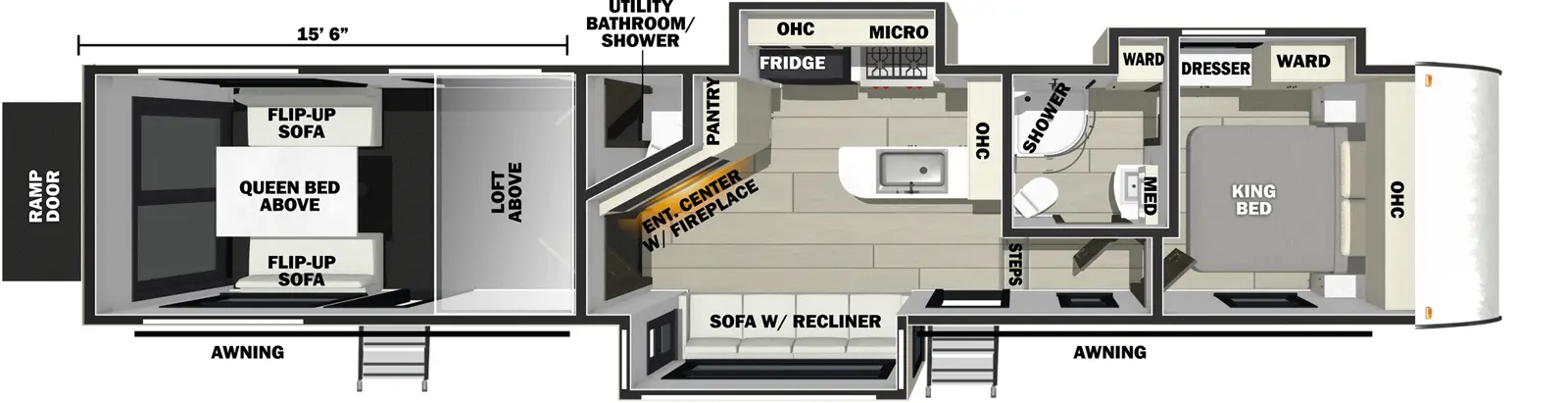 The 383G2 has three slideouts and two entries. Exterior features a rear ramp door, and 12 foot and 15 foot awnings. Interior layout front to back: foot-facing king bed with overhead cabinet and nightstands on each side, off-door side slideout with wardrobes and dresser, and TV prep on inner wall at the foot of the bed; off-door side full pass through bathroom; steps down to main living area and entry; peninsula kitchen counter with sink and overhead cabinet wraps to inner wall; off-door side slideout with cooktop, microwave, overhead cabinet and refrigerator; door side sofa with recliners slideout; pantry and entertainment center with fireplace below along inner wall; rear garage area with half bathroom, loft, second entry, TV prep above recessed washer/dryer prep, and opposing rear flip-up sofas with raised queen bed above. Garage dimensions: 15 foot 6 inches from rear to half bathroom wall.